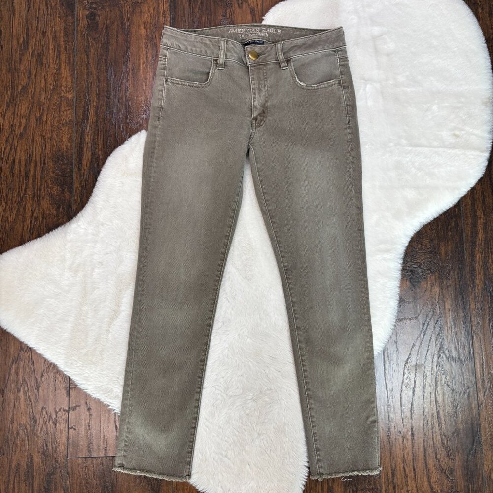 American Eagle Skinny Jeans 6 Jegging Crop Olive Green Raw Hem Low-Rise Stretch